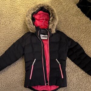 Spyder, girls, size 12, black Puffer hooded ski Jacket with removable Fur